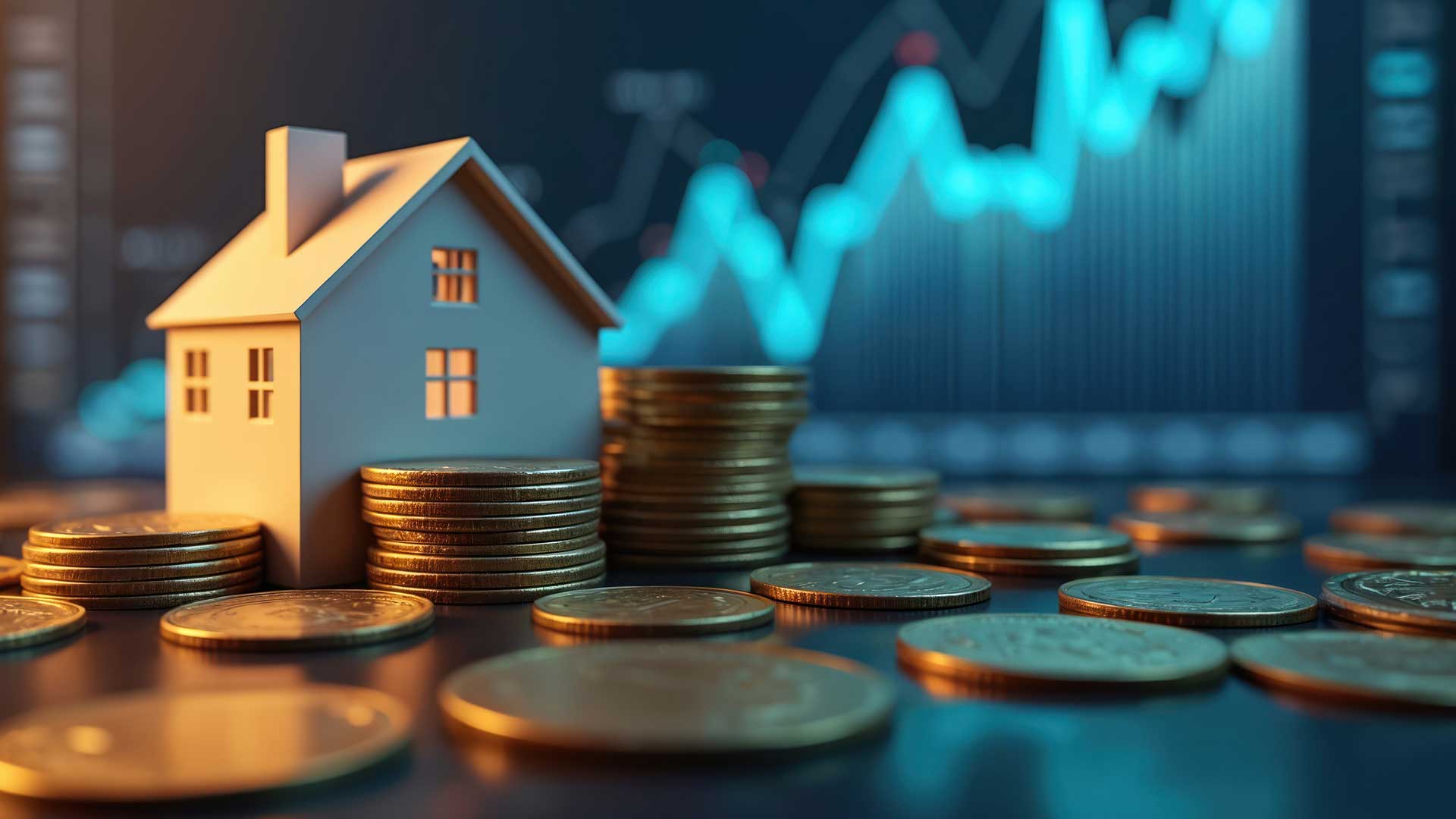 Im Hintergrund eine Grafik, die eine Index-Performance abbildet. Im Vordergrund steht ein Haus vor dem sich Geldmünzen stapeln. Auf dem Boden liegen verteilt einzelne Geldmünzen.